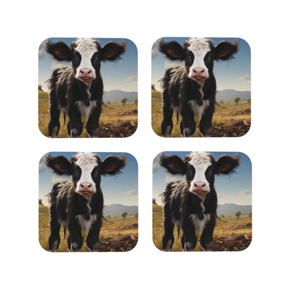 Vsdgher Cute Prairie Cow Leather Coasters for Drinks, Durable Drink Coasters 4 Set for Tabletop Protection, Luxurious Home Décor and Housewarming Gift ( {designName})Square