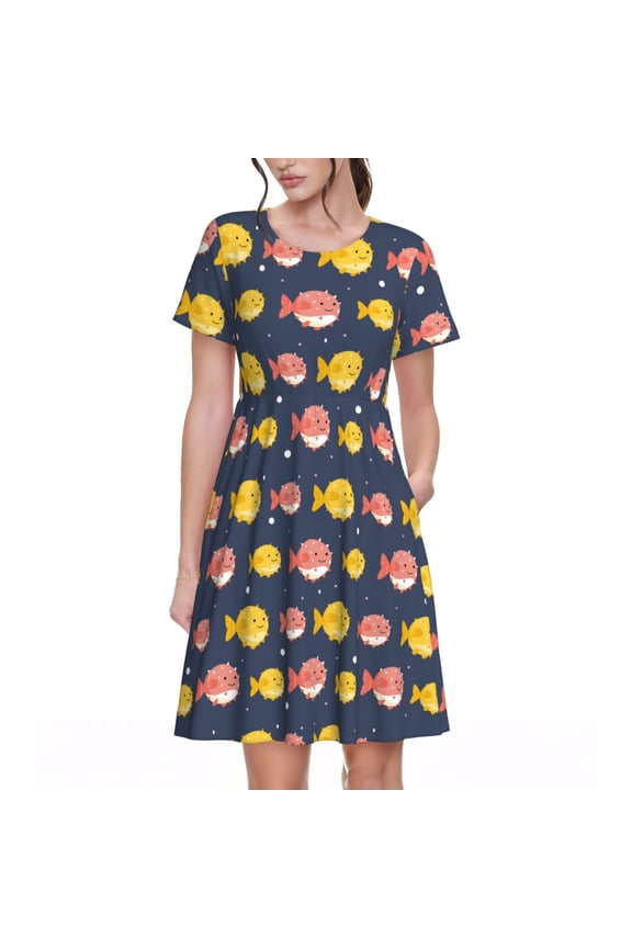 Cute Puffer Fish for Womens Summer 2025 Casual Midi Maxi Dresses Lightweight Short Sleeve Round Neck Beach Dress -XX-Large
