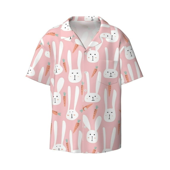 Vsdgher Cute Rabbit Carrot Print Men's Wrinkle Free Untucked Cuban Shirt Business Casual Button Down Shirts Short Sleeve Shirt