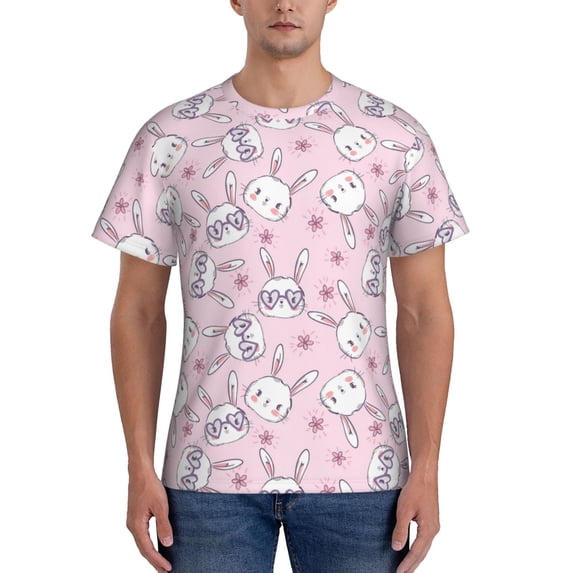 Vsdgher Cute Rabbit Flower Print Men's Dry Fit Mesh Athletic Shirts Moisture Wicking Tennis T-Shirt Tops