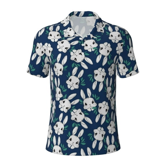 Vsdgher Cute Rabbit Print Men's Short Sleeve Stretch Polo Shirt, Moisture-Wicking Performance Polo Shirt