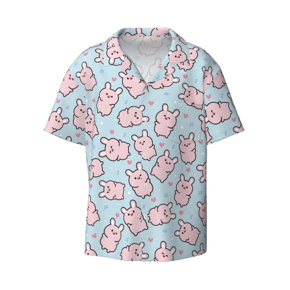Vsdgher Cute Rabbit Print Men's Wrinkle Free Untucked Cuban Shirt Business Casual Button Down Shirts Short Sleeve Shirt