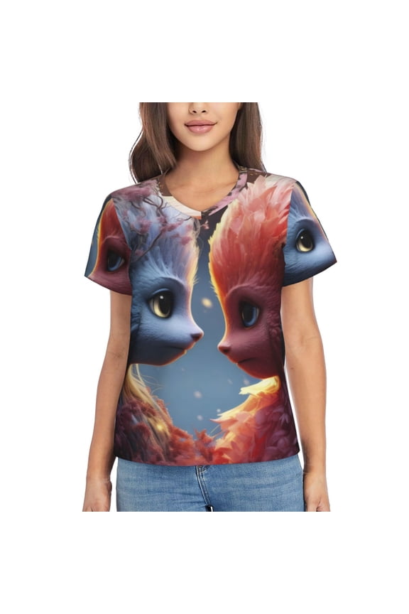 Cute Red And White Elf Women Shirts V Neck Short Sleeve Tops T-Shirt Basic Tees, S to 3XLLarge