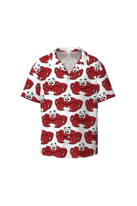 Cute Red Crab Print Men's Wrinkle Free Untucked Cuban Shirt Business Casual Button Down Shirts Short Sleeve Shirt