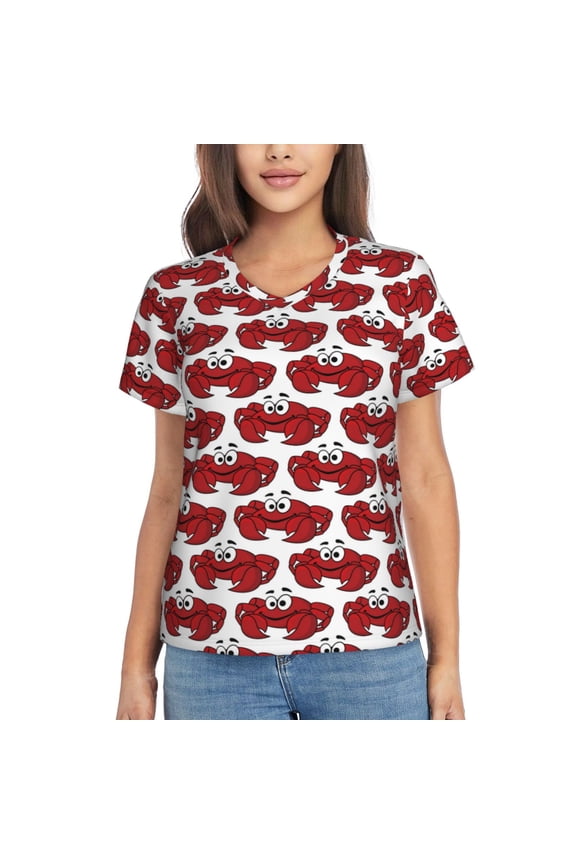 Cute Red Crab Women Shirts V Neck Short Sleeve Tops T-Shirt Basic Tees, S to 3XLMedium