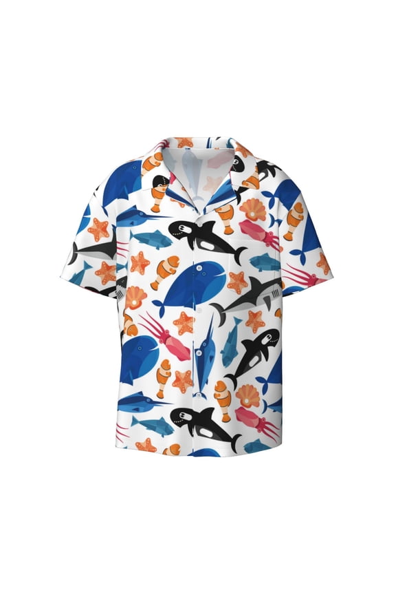 Cute Sea Animals Print Men's Wrinkle Free Untucked Cuban Shirt Business Casual Button Down Shirts Short Sleeve Shirt