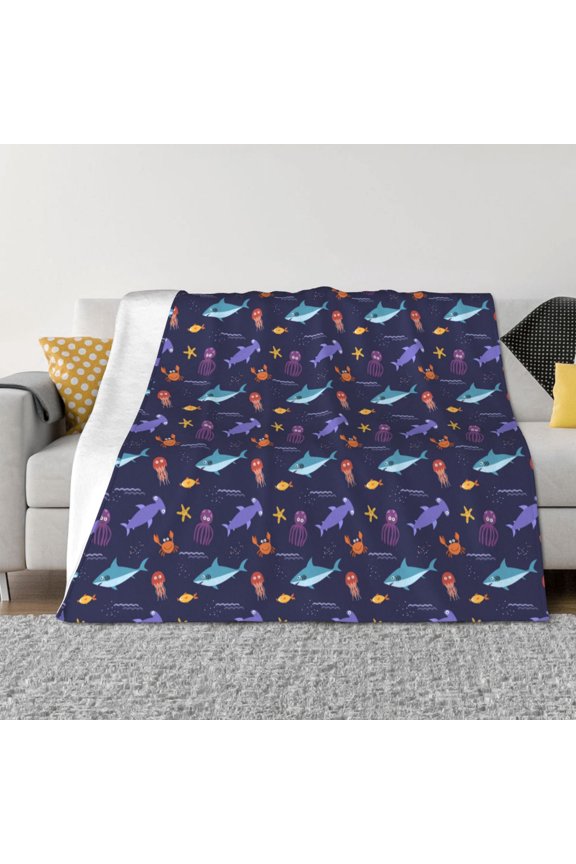 Cute Shark Pattern Fleece Throw Blanket, Horizontal Fleece Bedding Home Decor for Couch & Bed All Season Use -80"x60"