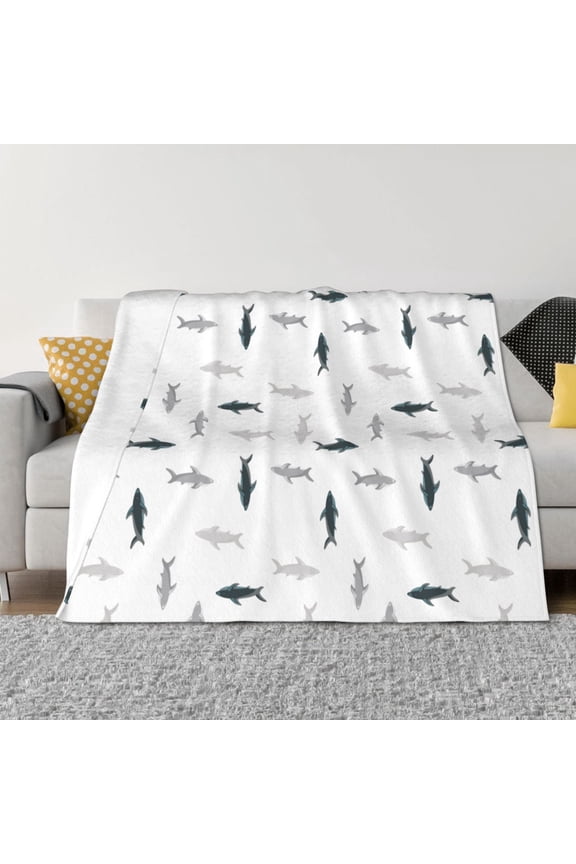 Cute Shark Pattern Fleece Throw Blanket, Horizontal Fleece Bedding Home Decor for Couch & Bed All Season Use -80"x60"