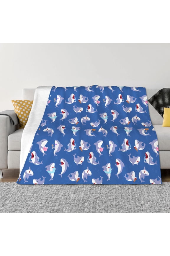 Cute Shark Pattern Fleece Throw Blanket, Horizontal Fleece Bedding Home Decor for Couch & Bed All Season Use -80"x60"