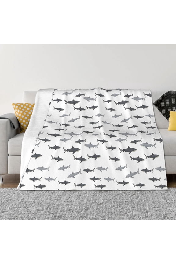 Cute Shark Pattern Fleece Throw Blanket, Horizontal Fleece Bedding Home Decor for Couch & Bed All Season Use -80"x60"
