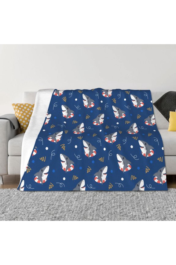 Cute Shark Pattern Fleece Throw Blanket, Horizontal Fleece Bedding Home Decor for Couch & Bed All Season Use -80"x60"