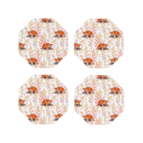Vsdgher Cute Sleepy Fox Leather Coasters for Drinks, Durable Drink Coasters 4 Set for Tabletop Protection, Luxurious Home Décor and Housewarming Gift-Octagon