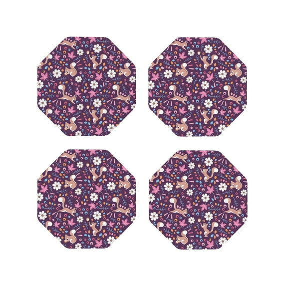 Vsdgher Cute Squirrel Floral Leather Coasters for Drinks, Durable Drink Coasters 4 Set for Tabletop Protection, Luxurious Home Décor and Housewarming Gift ( {designName})Octagon