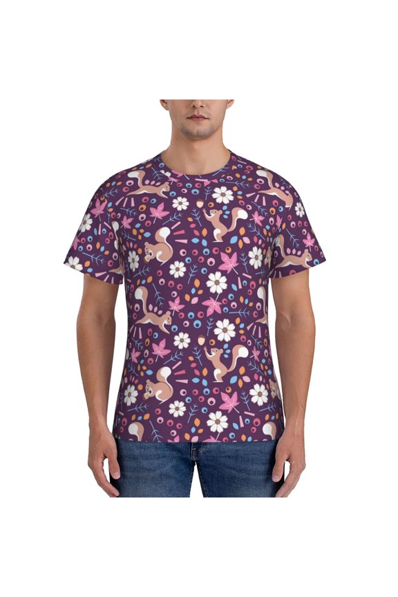 Cute Squirrel Floral Print Men's Dry Fit Mesh Athletic Shirts Moisture Wicking Tennis T-Shirt Tops