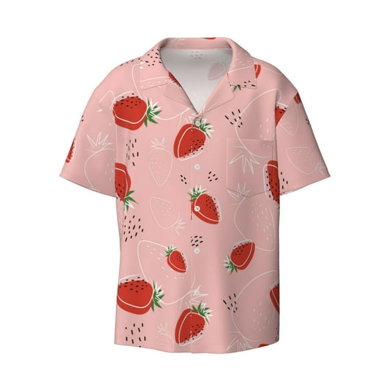 Vsdgher Cute Strawberry C Print Men's Wrinkle Free Untucked Cuban Shirt Business Casual Button Down Shirts Short Sleeve Shirt