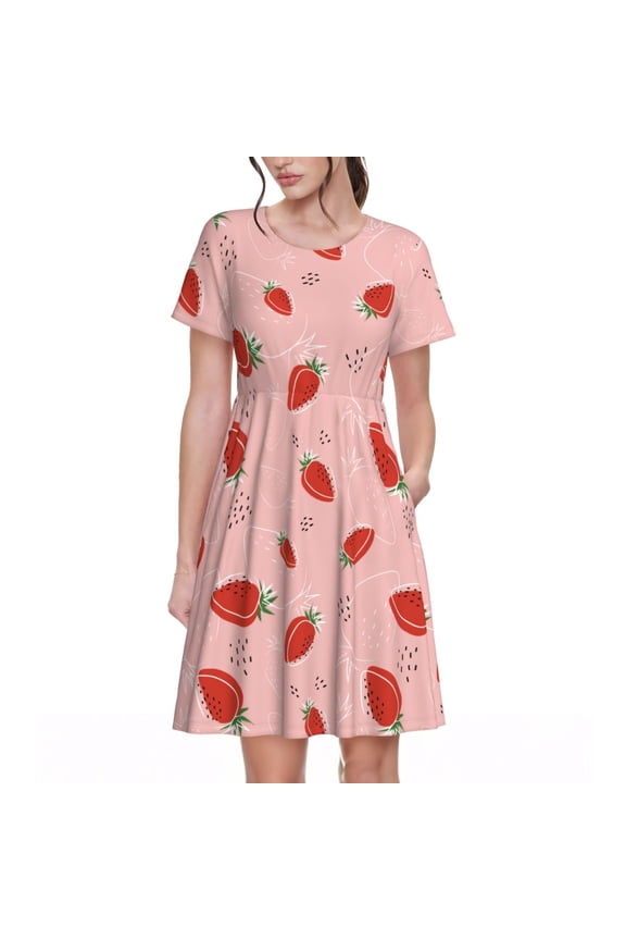 Cute Strawberry C for Womens Summer 2025 Casual Midi Maxi Dresses Lightweight Short Sleeve Round Neck Beach Dress -Small