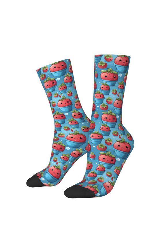 Cute Strawberry Flower Pot Crew Socks for Men & Women, Breathable Casual Athletic Ankle Socks