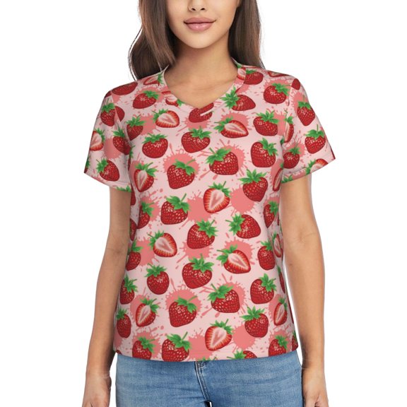 Vsdgher Cute Strawberry Women Shirts V Neck Short Sleeve Tops T-Shirt Basic Tees, S to 3XLSmall