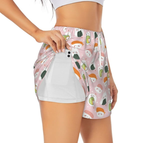 Vsdgher Cute Sushi (2) Print Women's Running Double Layer Shorts High Waisted with Pockets Elastic Yoga Workout Athletic Gym Sports
