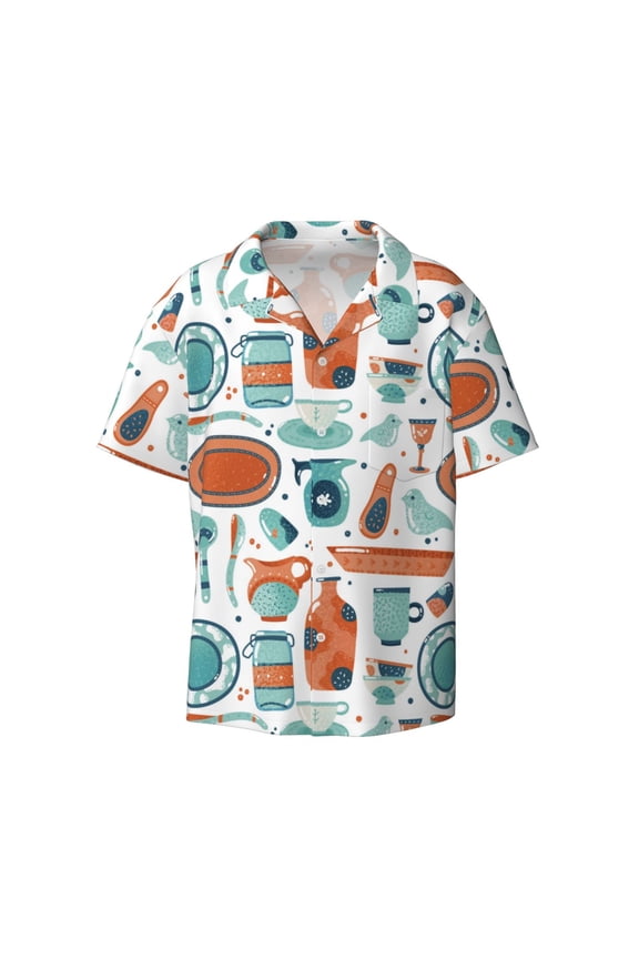 Cute Tableware Print Men's Wrinkle Free Untucked Cuban Shirt Business Casual Button Down Shirts Short Sleeve Shirt