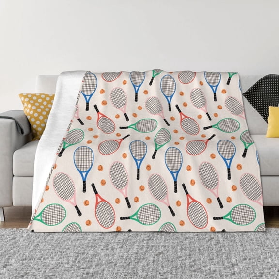 Vsdgher Cute Tennis Racket Pattern Fleece Throw Blanket, Horizontal Fleece Bedding Home Decor for Couch & Bed All Season Use -80"x60"