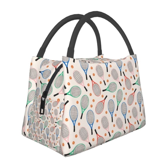 Vsdgher Cute Tennis Racket Print Insulated Reusable Bags with Sturdy Zipper and Handles, Foldable Totes for Hot or Cold Food Bring or Delivery
