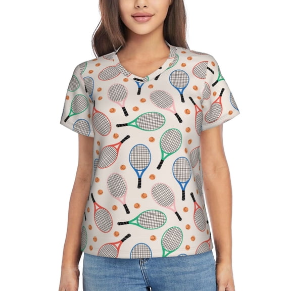 Vsdgher Cute Tennis Racket Women Shirts V Neck Short Sleeve Tops T-Shirt Basic Tees, S to 3XLLarge