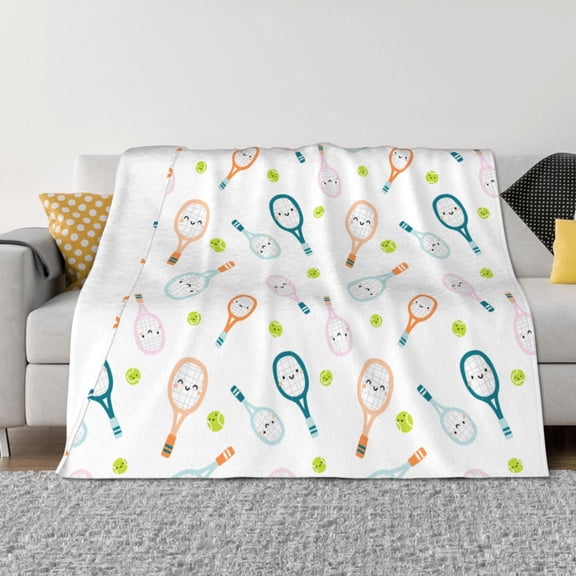 Vsdgher Cute Tennis Rackets Pattern Fleece Throw Blanket, Horizontal Fleece Bedding Home Decor for Couch & Bed All Season Use -80"x60"