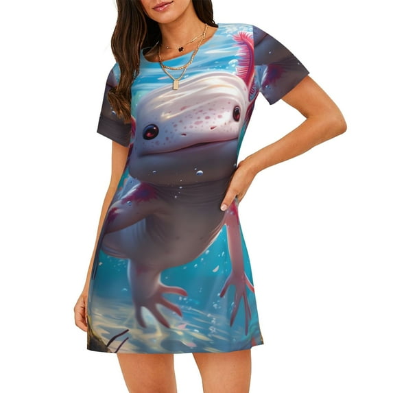 Vsdgher Cute Underwater Axolotl Pattern Womens Short Sleeve Sleepshirt Scoopneck Cute Nightdress Ruffle Comfy Nightgown