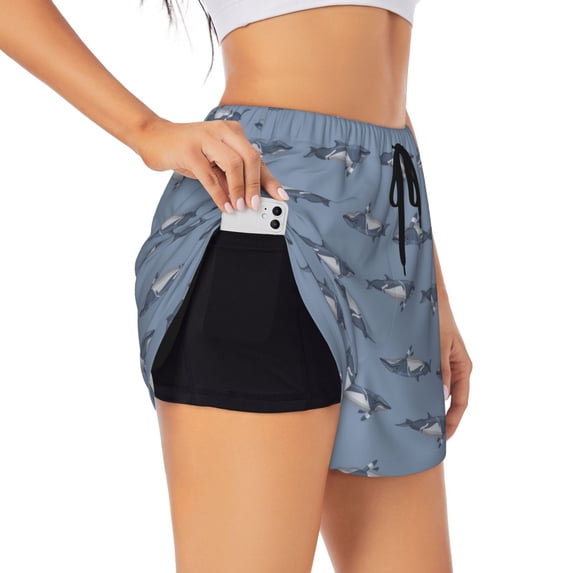 Vsdgher Cute Whale Print Women's Running Double Layer Shorts High Waisted with Pockets Elastic Yoga Workout Athletic Gym Sports