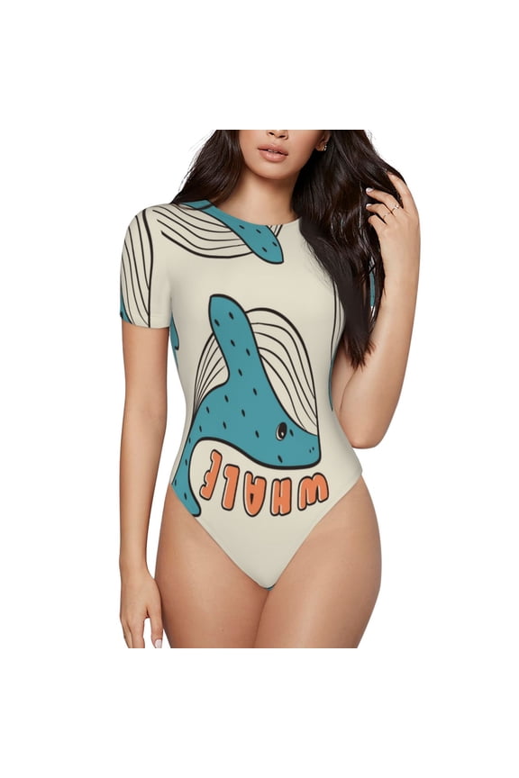 Cute colorful whale Prinr Short Sleeve Body suit for Womens, Sexy Onesie One Piece Round Neck Bodysuit Shapewear Tummy Control-X-Large