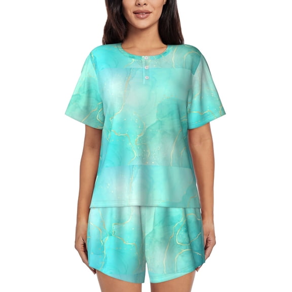 Vsdgher Cyan Mint Marble Pattern Womens Pajamas 2 Piece Short Sleeve Sleepwear Set,Summer Soft Pajamas Set Casual Lounge Sets, 2-Piece Pj -Medium