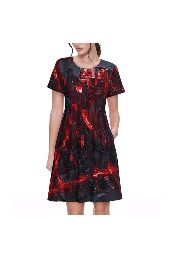 Cyberpunk Cityscape Lights for Womens Summer 2025 Casual Midi Maxi Dresses Lightweight Short Sleeve Round Neck Beach Dress -3X-Large