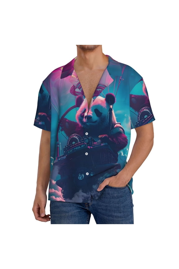 DJ Panda Hot Air Balloon Men's Cuban Shirt, Hawaiian Shirts, Business Casual Button Down Shirts, Short Sleeve Shirt-Medium