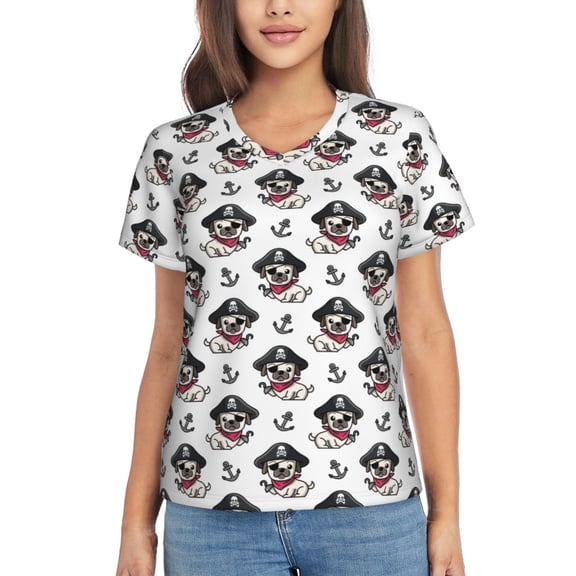 Vsdgher Pirate Puppy Women Shirts V Neck Short Sleeve Tops T-Shirt Basic Tees, S to 3XLLarge