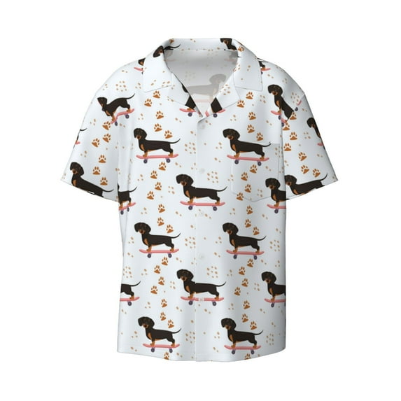 Vsdgher Dachshund Dog Print Men's Wrinkle Free Untucked Cuban Shirt Business Casual Button Down Shirts Short Sleeve Shirt