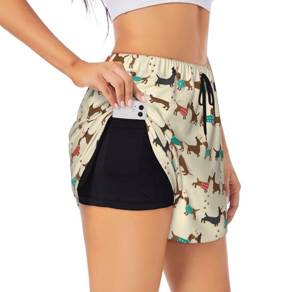 Vsdgher Dachshund Dog Print Women's Running Double Layer Shorts High Waisted with Pockets Elastic Yoga Workout Athletic Gym Sports