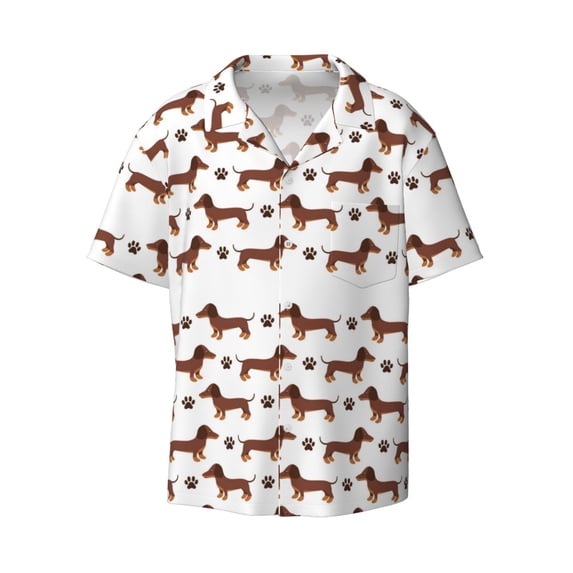 Vsdgher Dachshund Dog Puppy Print Men's Wrinkle Free Untucked Cuban Shirt Business Casual Button Down Shirts Short Sleeve Shirt