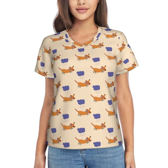 Vsdgher Dachshund Women Shirts V Neck Short Sleeve Tops T-Shirt Basic Tees, S to 3XLMedium