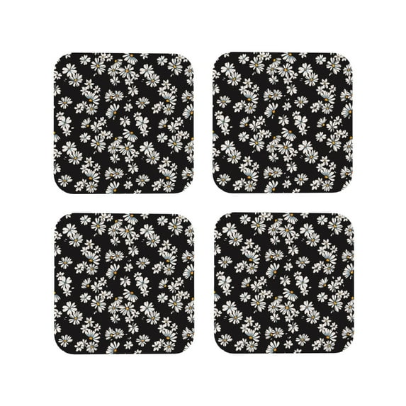 Vsdgher Daisies Flowers Leather Coasters for Drinks, Durable Drink Coasters 4 Set for Tabletop Protection, Luxurious Home Décor and Housewarming Gift ( {designName})Square