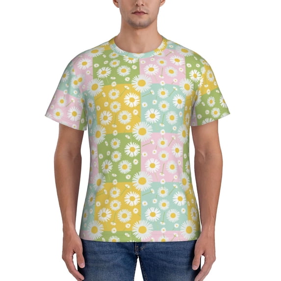 Vsdgher Daisies Flowers Print Men's Dry Fit Mesh Athletic Shirts Moisture Wicking Tennis T-Shirt Tops