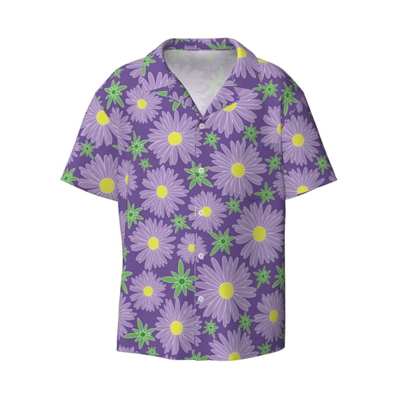 Vsdgher Daisies Flowers Print Men's Wrinkle Free Untucked Cuban Shirt Business Casual Button Down Shirts Short Sleeve Shirt