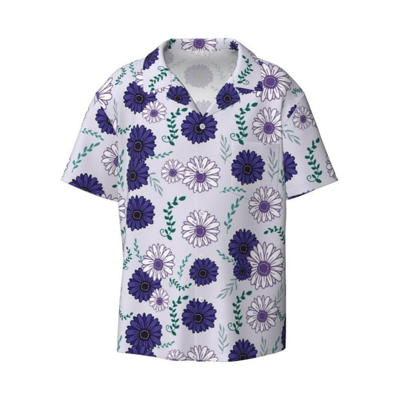 Vsdgher Daisies Flowers Print Men's Wrinkle Free Untucked Cuban Shirt Business Casual Button Down Shirts Short Sleeve Shirt