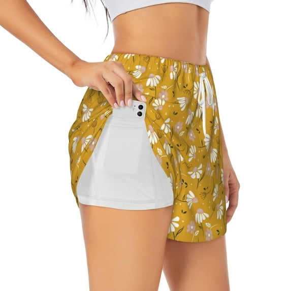 Vsdgher Daisies Flowers Print Women's Running Double Layer Shorts High Waisted with Pockets Elastic Yoga Workout Athletic Gym Sports