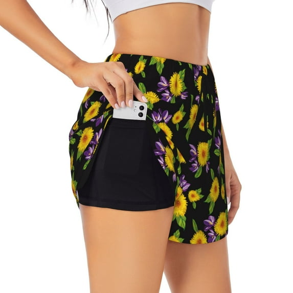 Vsdgher Daisies Flowers Print Women's Running Double Layer Shorts High Waisted with Pockets Elastic Yoga Workout Athletic Gym Sports