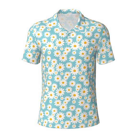 Vsdgher Daisy Floral A Print Men's Short Sleeve Stretch Polo Shirt, Moisture-Wicking Performance Polo Shirt