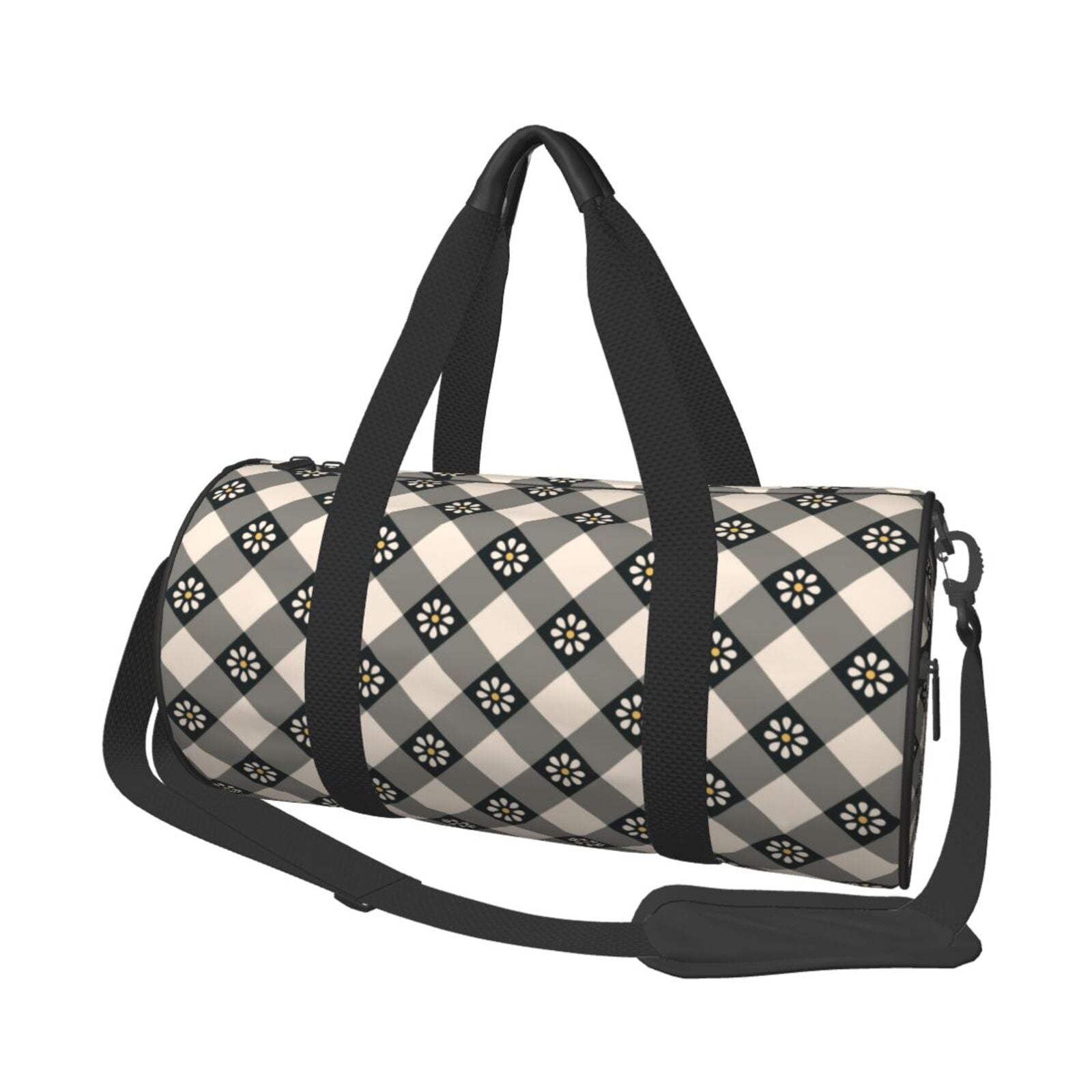 Vsdgher Daisy Plaid Black 45L Foldable Duffel Bag, Sports Gym Bag,Overnight Bag, Portable Weekender Bag for Airplanes