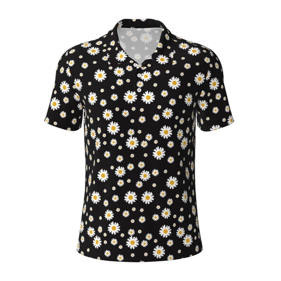 Vsdgher Daisy Print Men's Short Sleeve Stretch Polo Shirt, Moisture-Wicking Performance Polo Shirt