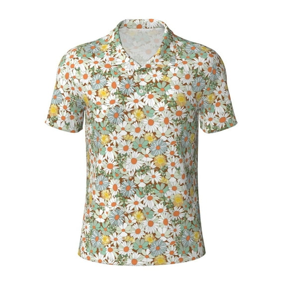 Vsdgher Daisy Print Men's Short Sleeve Stretch Polo Shirt, Moisture-Wicking Performance Polo Shirt