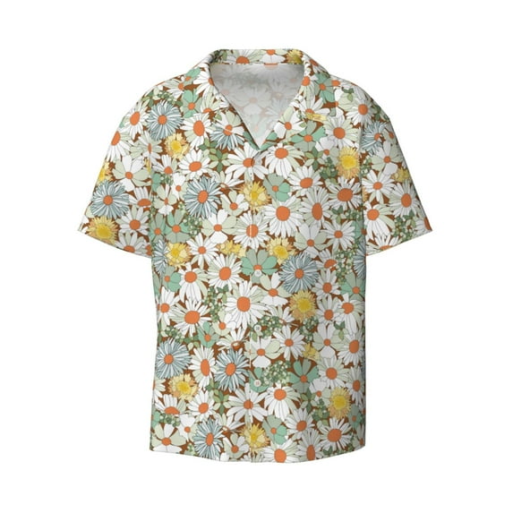 Vsdgher Daisy Print Men's Wrinkle Free Untucked Cuban Shirt Business Casual Button Down Shirts Short Sleeve Shirt